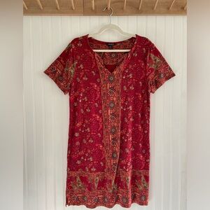 Lucky Brand Short Sleeve Tee Shirt Dress Mini Pockets Red Viscose Floral Boho L